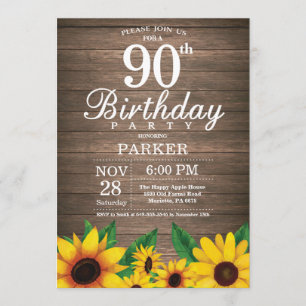 Rustic Sunflower 90th Birthday Invitation