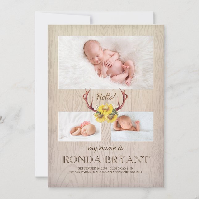Rustic Sunflower and Antlers Wood Baby Photo Birth Announcement (Front)