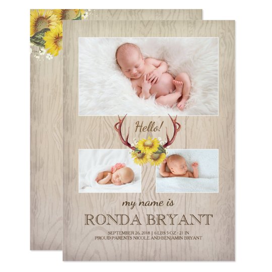 Rustic Sunflower and Antlers Wood Baby Photo Birth Card