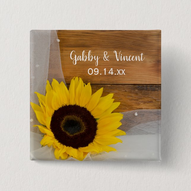 Rustic Sunflower and Bridal Veil Country Wedding 2 Inch Square Button (Front)