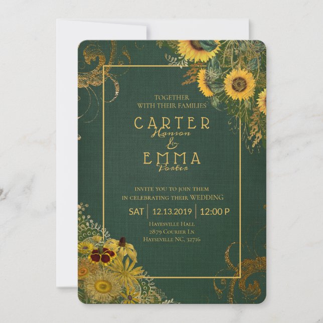 Rustic Sunflower and Lace Green Country Wedding Invitation (Front)