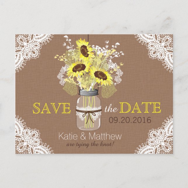 Rustic Sunflower and Lace Save the Date Announcement Postcard (Front)