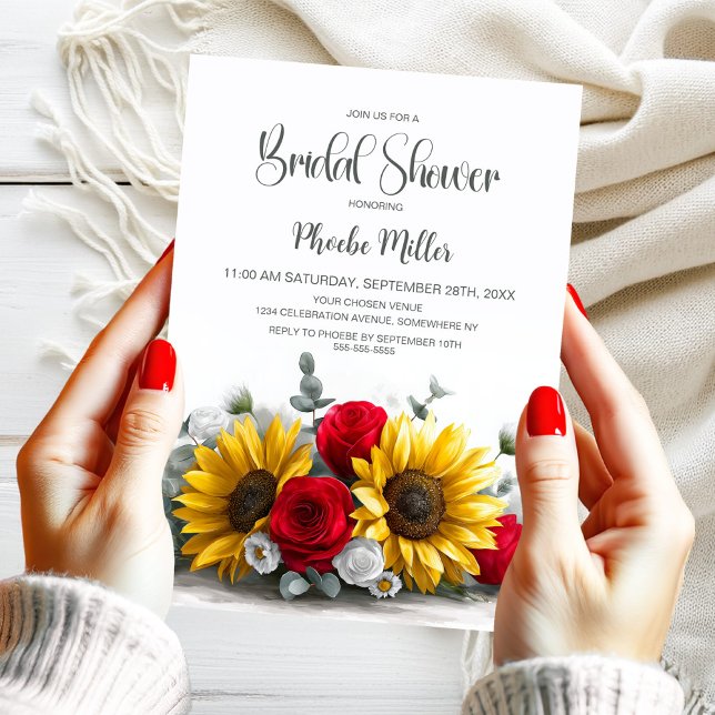 Rustic Sunflower and Red Rose Floral Bridal Shower Invitation (Creator Uploaded)