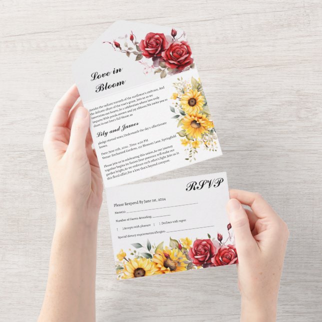 Rustic Sunflower And Red Rose Wedding All In One Invitation (Tearaway)
