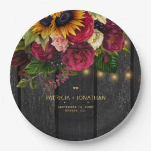 Rustic sunflower and roses personalized wedding paper plate