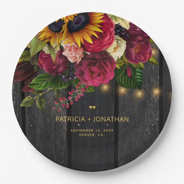 Rustic sunflower and roses personalized wedding paper plate (Front)
