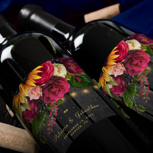 Rustic sunflower and roses personalized wedding wine label