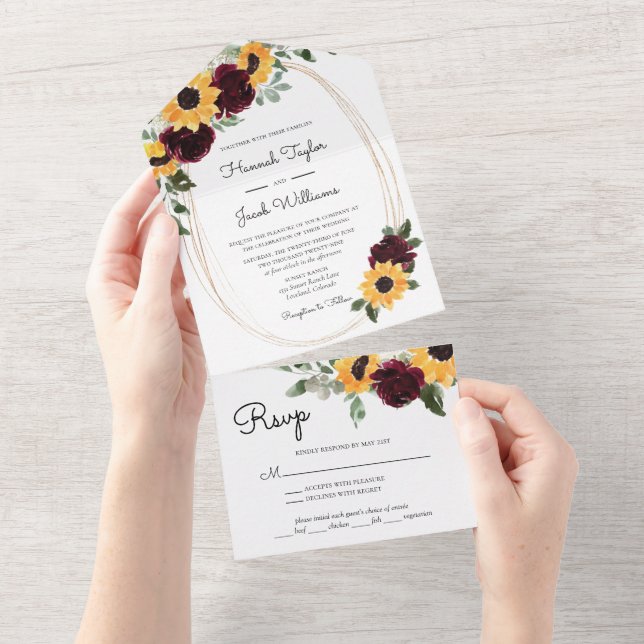 Rustic Sunflower and Roses Wedding All In One Invitation (Tearaway)