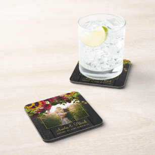 Rustic sunflower and roses wedding photo favour coaster