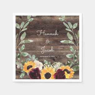 Rustic Sunflower and Roses Wood Wedding Paper Plat Napkin