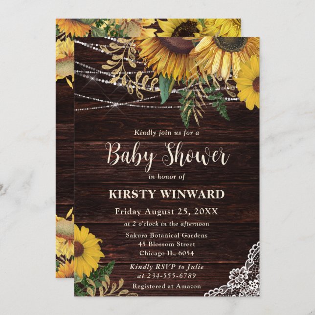 Rustic Sunflower and String Lights Baby Shower Invitation (Front/Back)