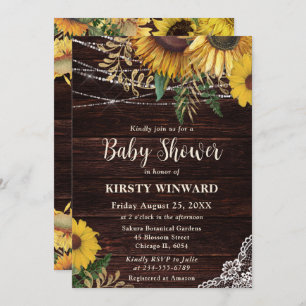 Rustic Sunflower and String Lights Baby Shower Invitation