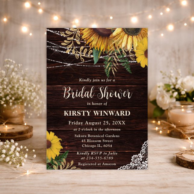 Rustic Sunflower and String Lights Bridal Shower Invitation (Creator Uploaded)