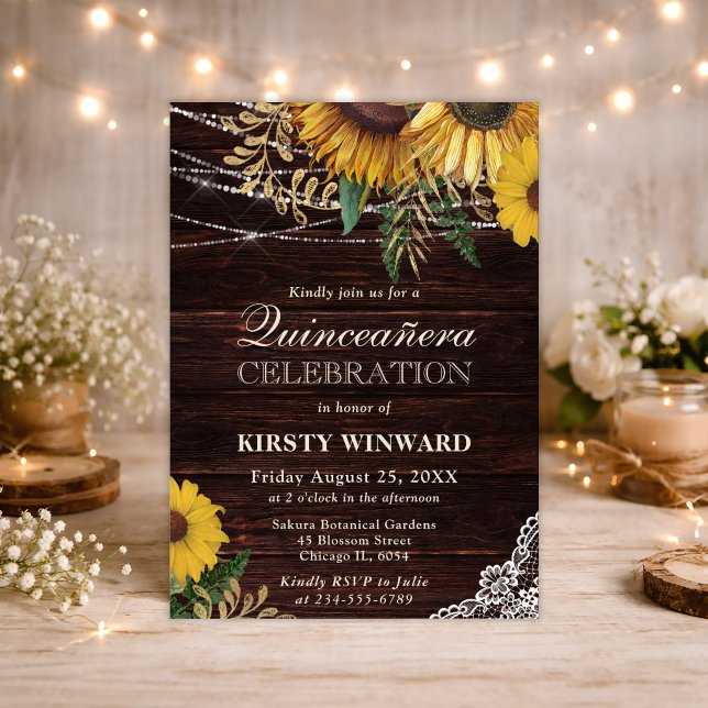 Rustic Sunflower and String Lights Quinceanera Invitation (Creator Uploaded)