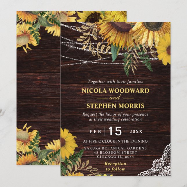 Rustic Sunflower and String Lights Wedding Invitation (Front/Back)