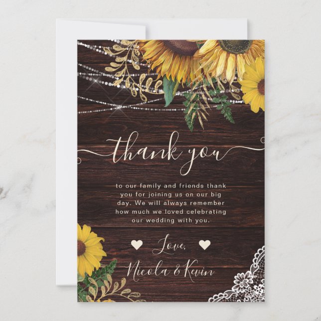 Rustic Sunflower and String Lights Wedding Thank You Card (Front)
