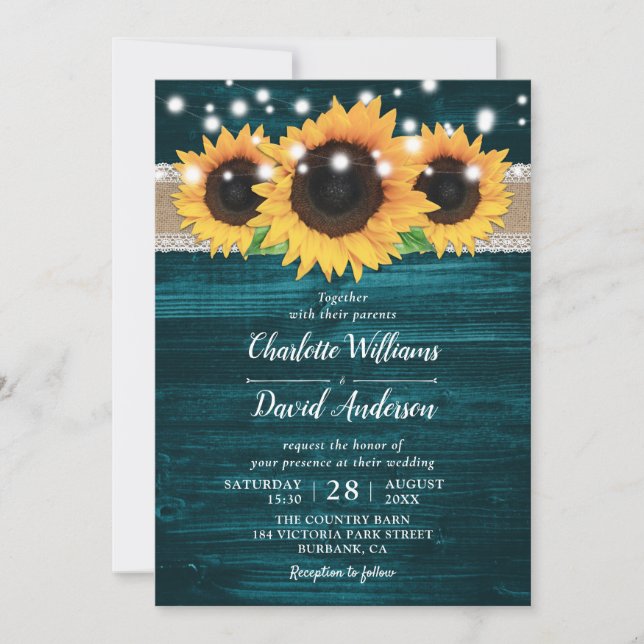 Rustic Sunflower and Teal Wedding Invitations (Front)