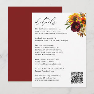 Rustic Sunflower Autumn Burgundy Wedding Details Enclosure Card