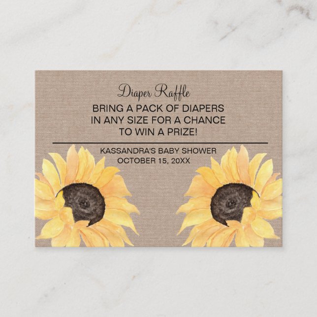 Rustic Sunflower Baby Shower Diaper Raffle Enclosure Card (Front)