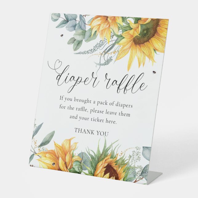 Rustic Sunflower Baby Shower Diaper Raffle Pedestal Sign (Front)