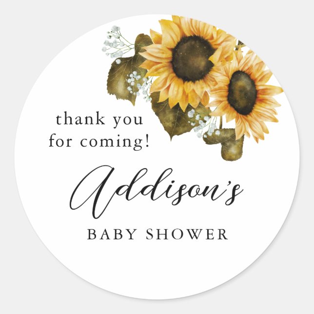 Rustic Sunflower Baby Shower Favour Classic Round Sticker (Front)