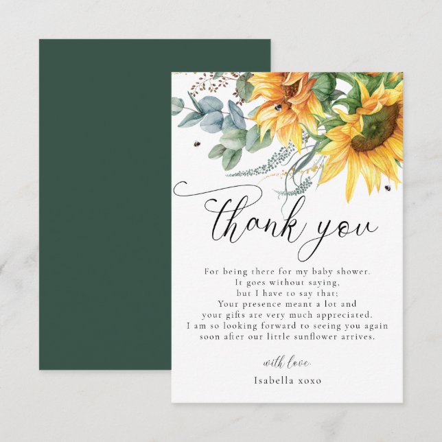 Rustic Sunflower Baby Shower Thank You Card (Front/Back)