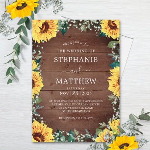 Rustic Sunflower Babys Breath Border Wood Wedding Invitation