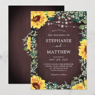 Rustic Sunflower Babys Breath Lights Wedding Invitation