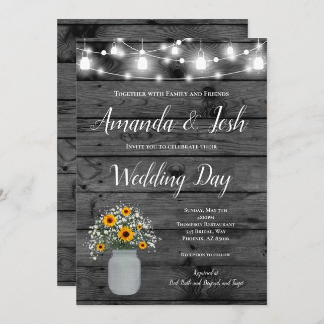 Rustic Sunflower Babys Breath Mason Jar Wedding Invitation (Front/Back)
