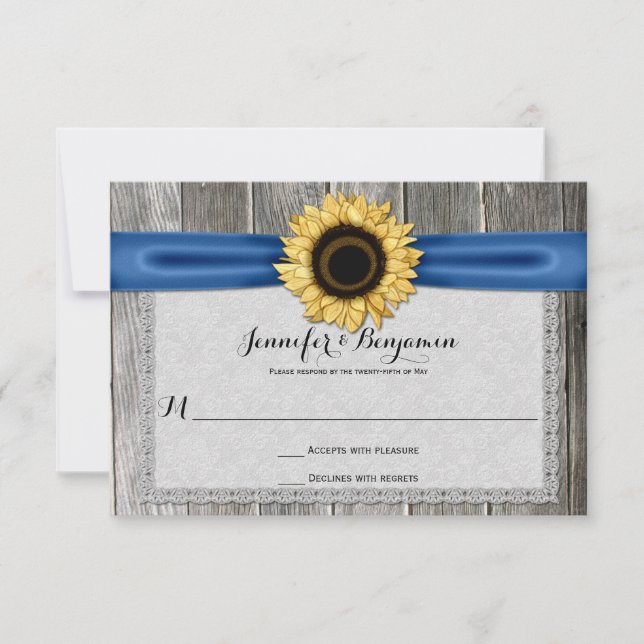 Rustic Sunflower Barn Wood Blue Ribbon RSVP (Front)