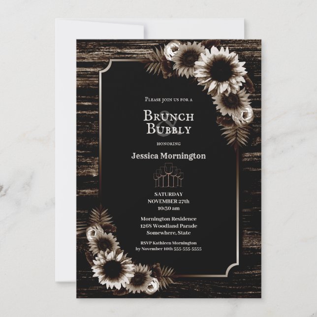 Rustic Sunflower Barn Wood Brunch & Bubbly Invitation (Front)