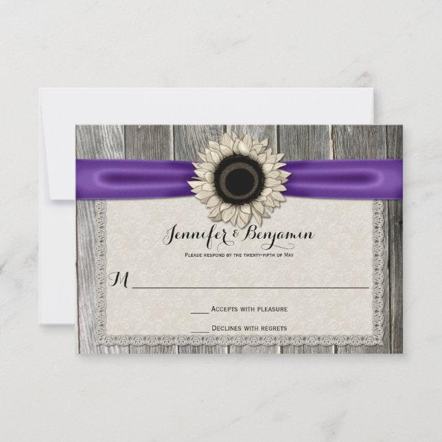 Rustic Sunflower Barn Wood Lace Puple Ribbon RSVP (Front)