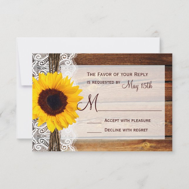 Rustic Sunflower Barn Wood Lace Wedding RSVP Cards (Front)