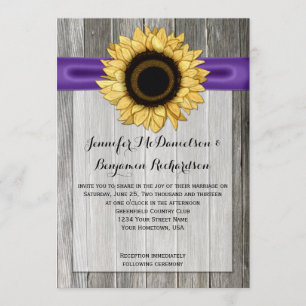 Rustic Sunflower Barn Wood Purple Ribbon Invitation