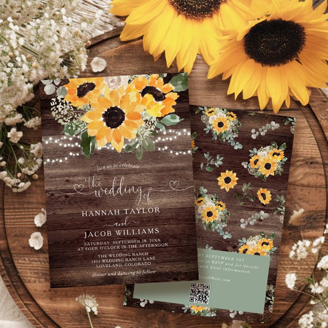 Rustic Sunflower Barn Wood QR Code Wedding  Invitation (Creator Uploaded)