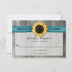 Rustic Sunflower Barn Wood Teal Ribbon RSVP Card