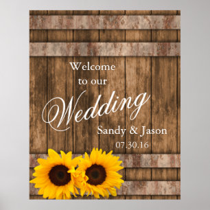 Rustic Sunflower Barn Wood Wedding Welcome Poster