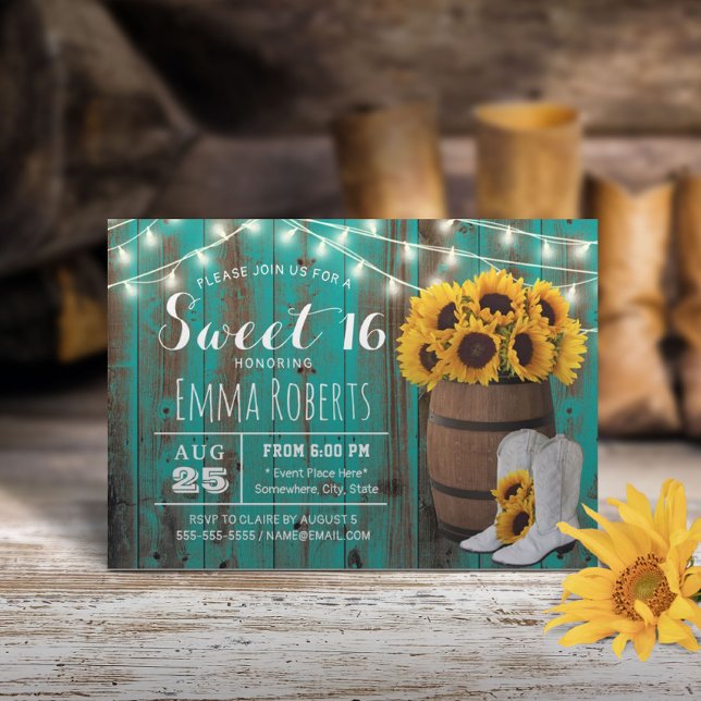 Rustic Sunflower Barrel Teal Barn Cowgirl Sweet 16 Invitation (Creator Uploaded)