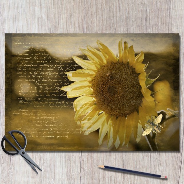 Rustic Sunflower Bee Gold Handwritten Decoupage Tissue Paper (Creator Uploaded)