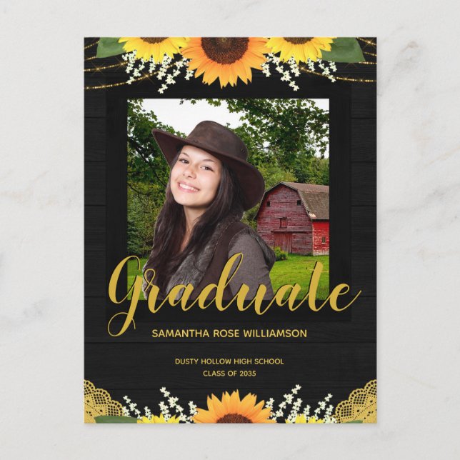 Rustic Sunflower Black and Gold Photo Graduation Announcement Postcard (Front)