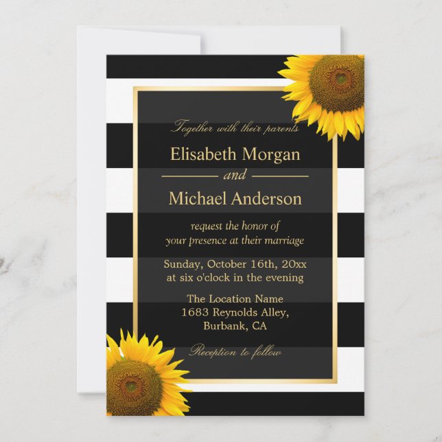 Rustic Sunflower Black and White Striped Wedding Invitation (Front)