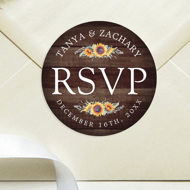 Rustic Sunflower Bloom | Wedding RSVP Classic Round Sticker (Creator Uploaded)