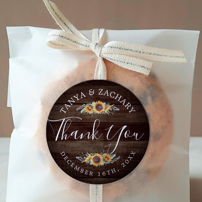 Rustic Sunflower Bloom | Wedding Thank You Classic Round Sticker (Creator Uploaded)