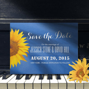 Rustic Sunflower Blue Fabric Save the Date Announcement Postcard