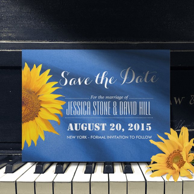 Rustic Sunflower Blue Fabric Save the Date Announcement Postcard (Creator Uploaded)
