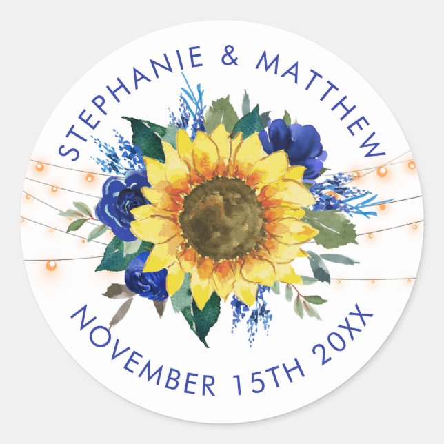 Rustic Sunflower Blue Floral Lights Wedding Date Classic Round Sticker (Front)