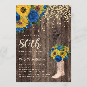 Rustic Sunflower Blue Roses Boots 80th Birthday Invitation
