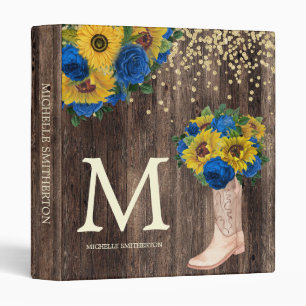 Rustic Sunflower Blue Roses Boots Monogram Binder