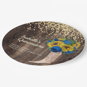 Rustic Sunflower Blue Roses Boots Quinceañera Paper Plate