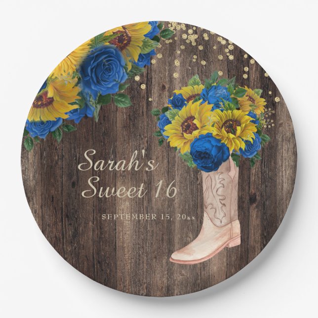 Rustic Sunflower Blue Roses Boots Sweet 16  Paper Plate (Front)